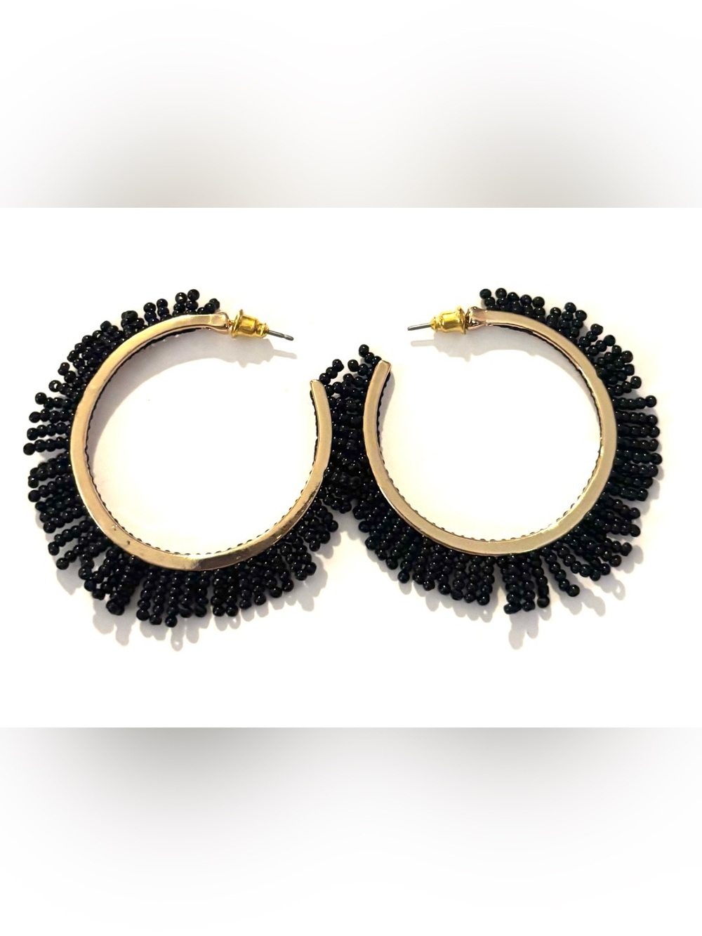 Fashion Jewelry Gold Hoop Earrings with Black Beaded Fringe